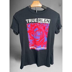 True Religion Women's Bloomed Slim Fit Short‎ Sleeve Logo Flower Tee-Large